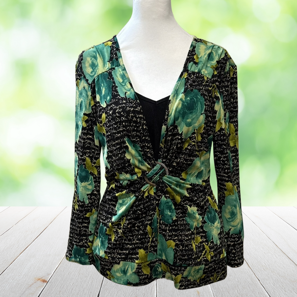 Vintage Y2K DANA TAYLOR Top Floral Script Ring Twist Boho Black Green Size S